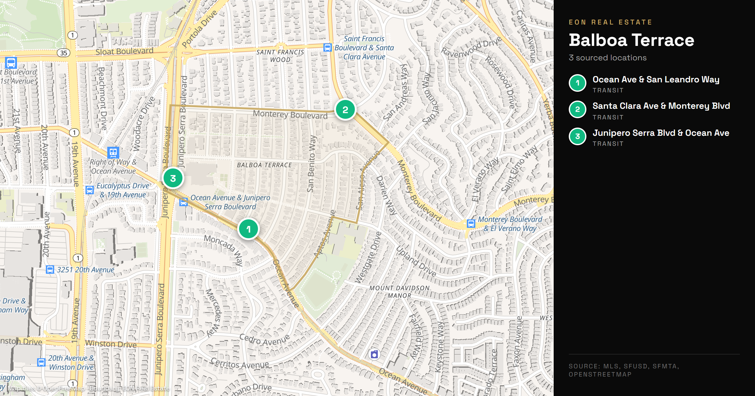 Annotated map of Balboa Terrace showing the Ocean Avenue and San Leandro Way, Santa Clara Avenue and Monterey Boulevard, and Junipero Serra Boulevard and Ocean Avenue Muni stops
