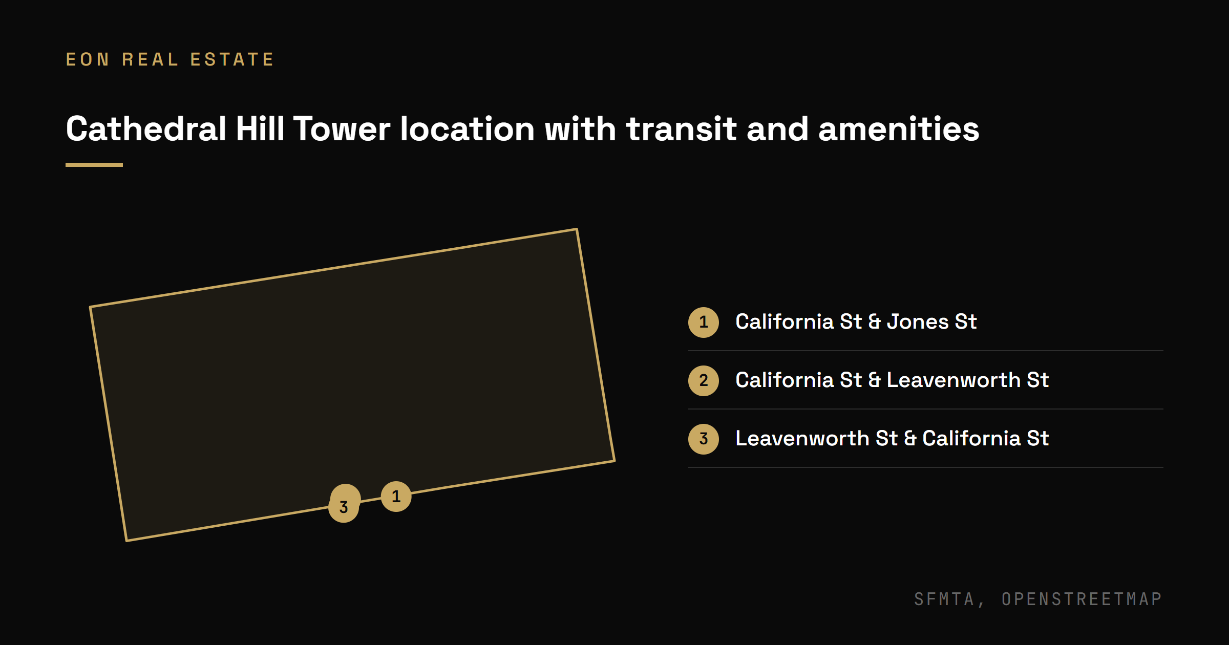 Map of Cathedral Hill Tower at 1201 California Street with nearby transit stops on California, Jones and Leavenworth streets