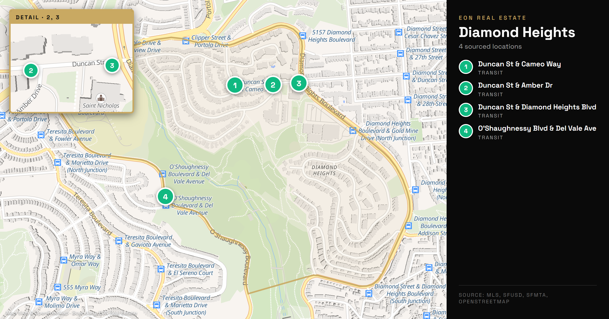 Map of Diamond Heights showing transit stops along Diamond Heights Boulevard and O'Shaughnessy Boulevard