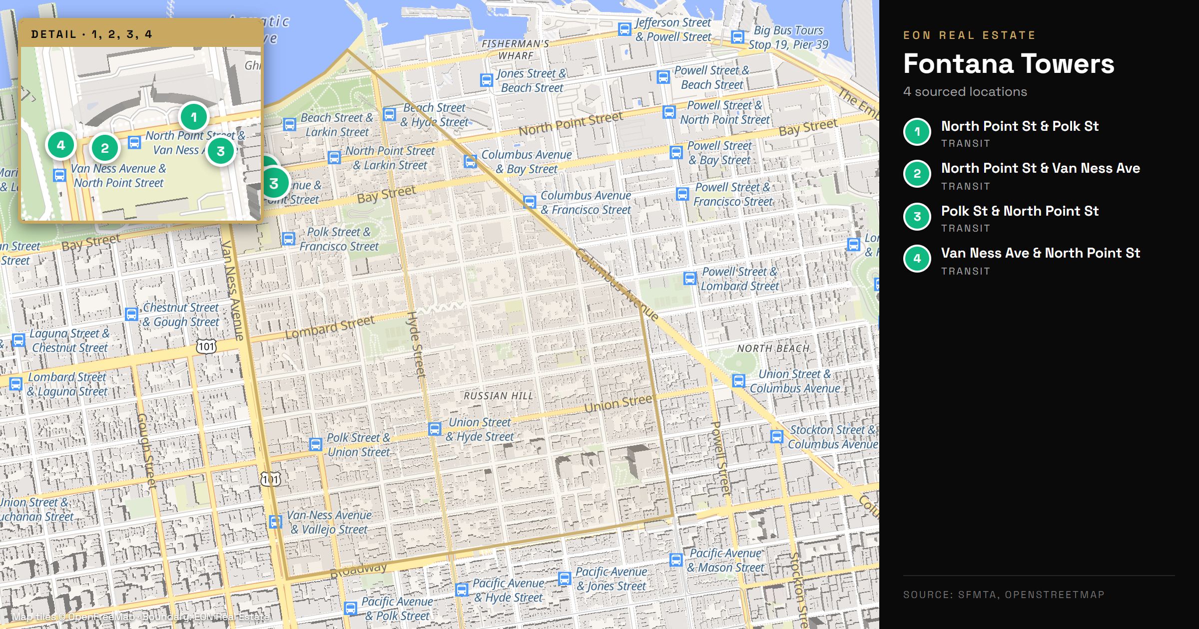 Fontana Towers location in Russian Hill with nearby transit and amenities
