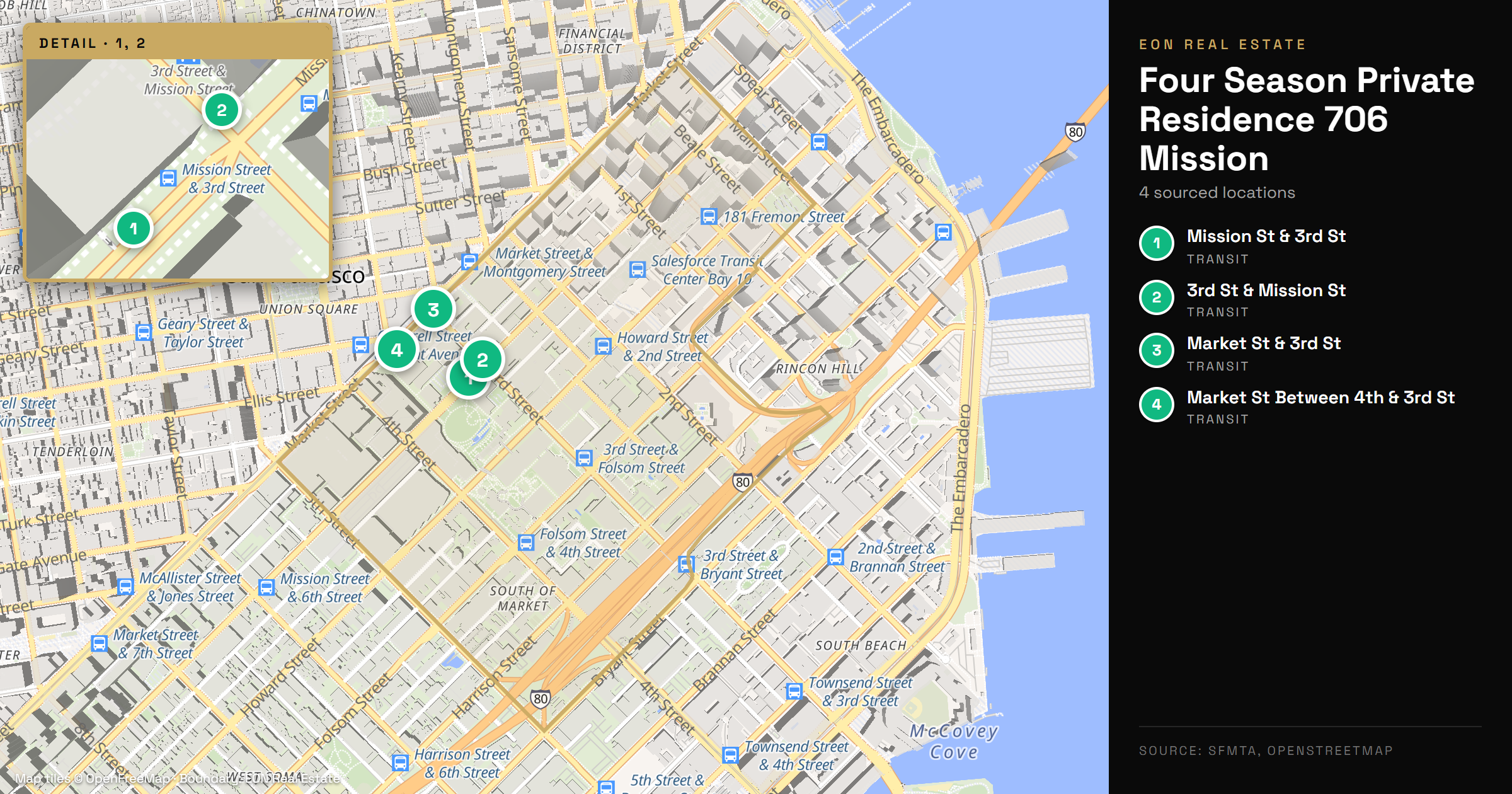 Map of 706 Mission in Yerba Buena with nearby Mission Street and Market Street transit stops