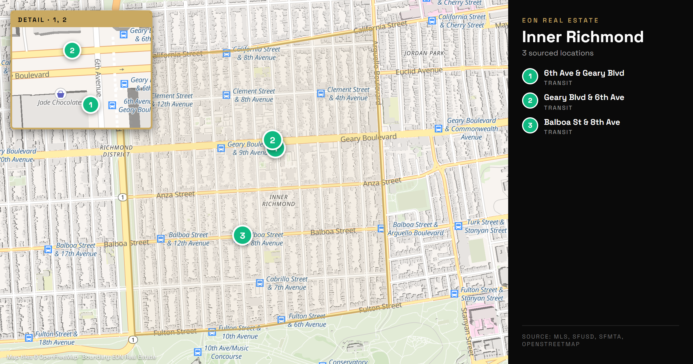 Map of the Inner Richmond, San Francisco with nearby Muni stops on Geary Boulevard and Balboa Street