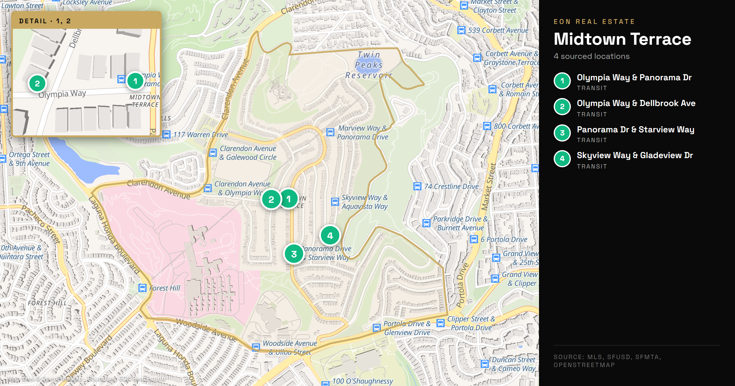 Map of Midtown Terrace showing transit stops and nearby landmarks on the slope of Twin Peaks