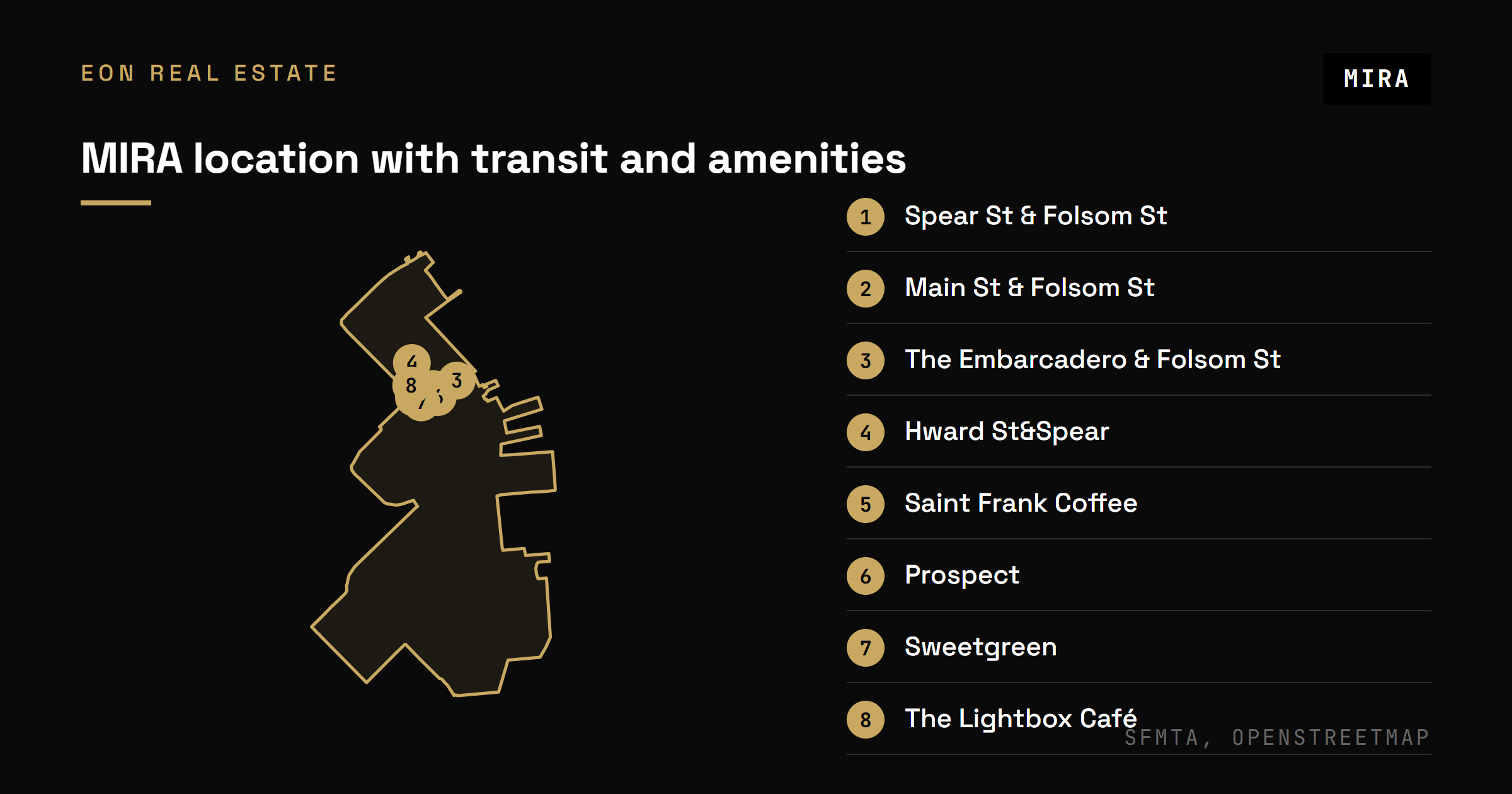 MIRA at 280 Spear Street with nearby Muni and BART transit stops and East Cut waterfront amenities.