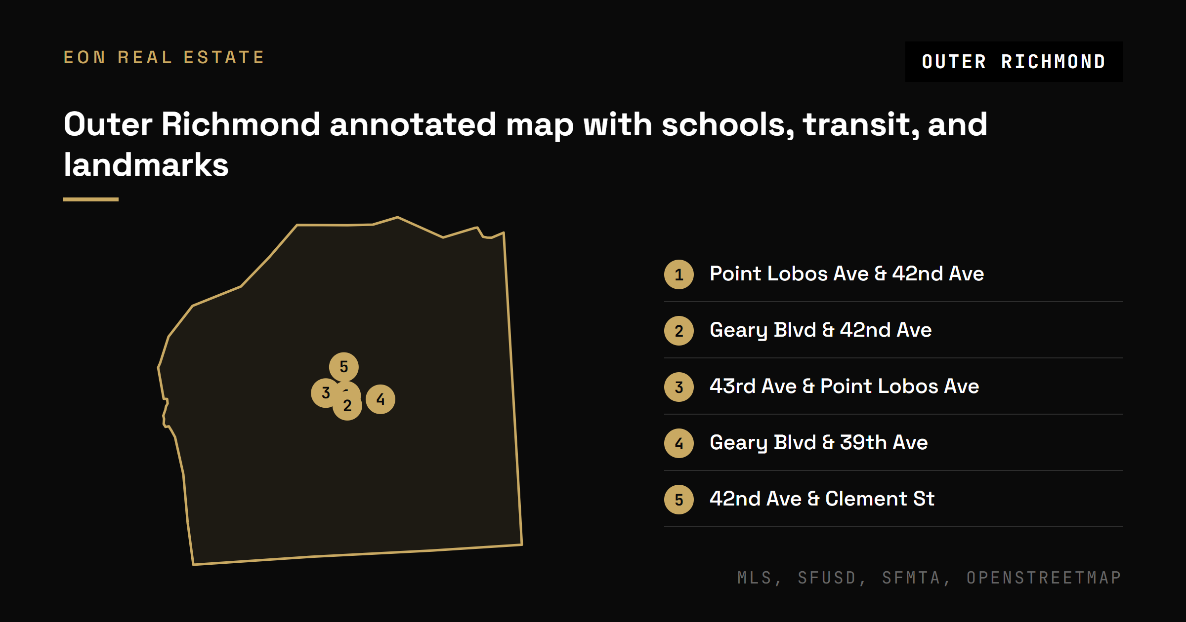 Map of the Outer Richmond marking Muni stops along Geary Boulevard, Point Lobos Avenue, and Clement Street
