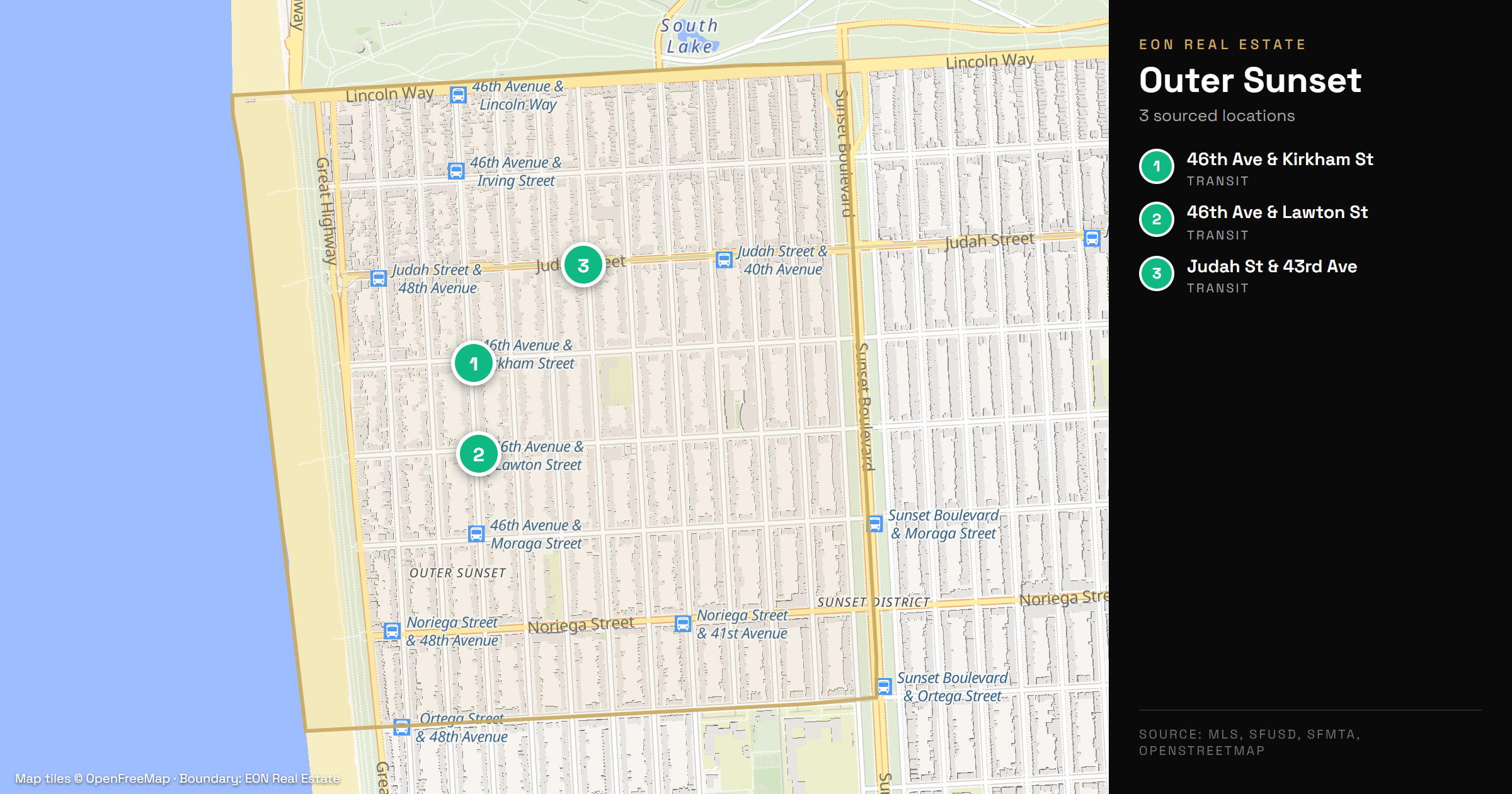 Map of the Outer Sunset showing N Judah and Muni transit stops, per SFMTA and OpenStreetMap data.