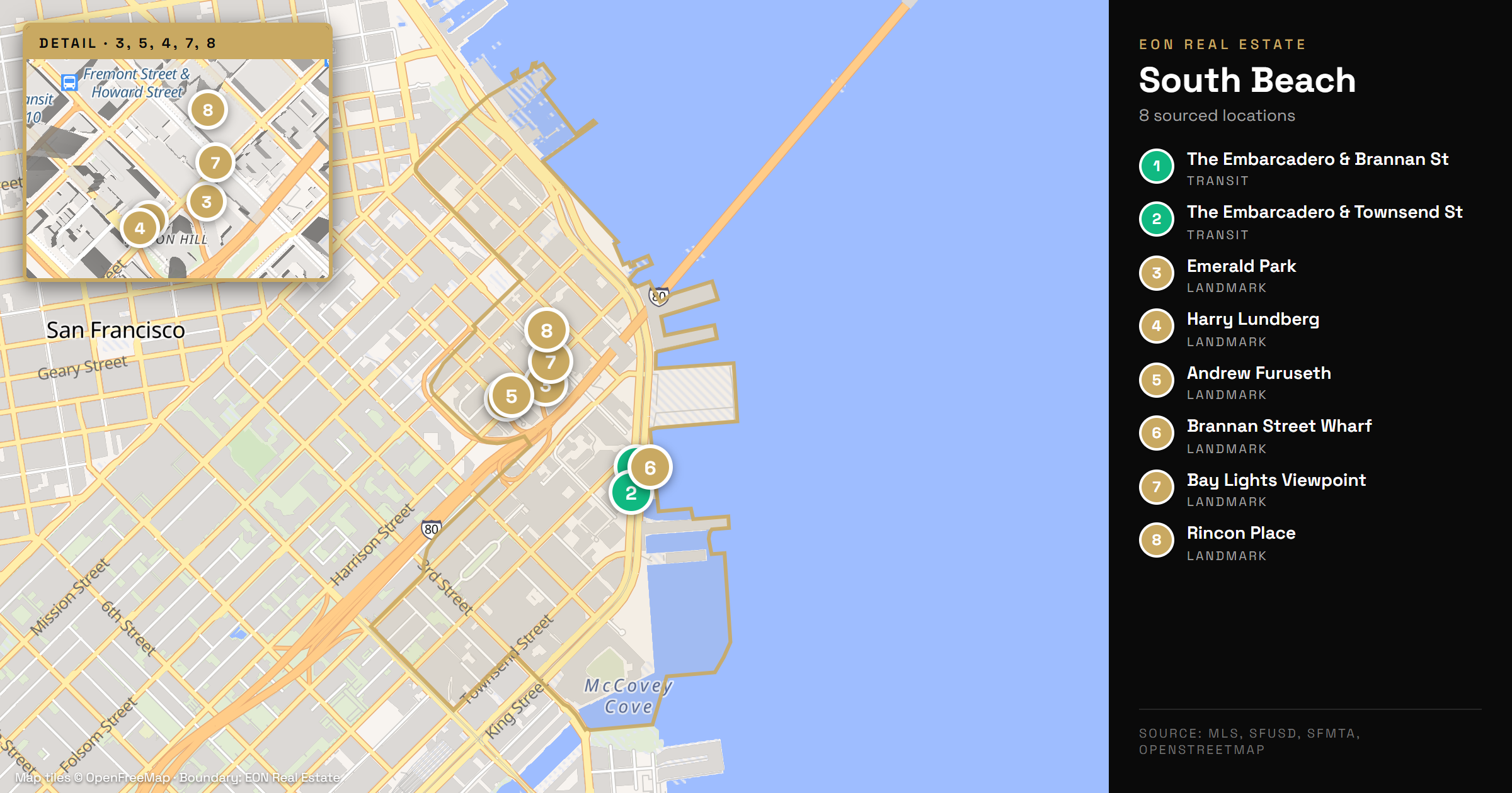 Map of South Beach, San Francisco showing the most active condo blocks
