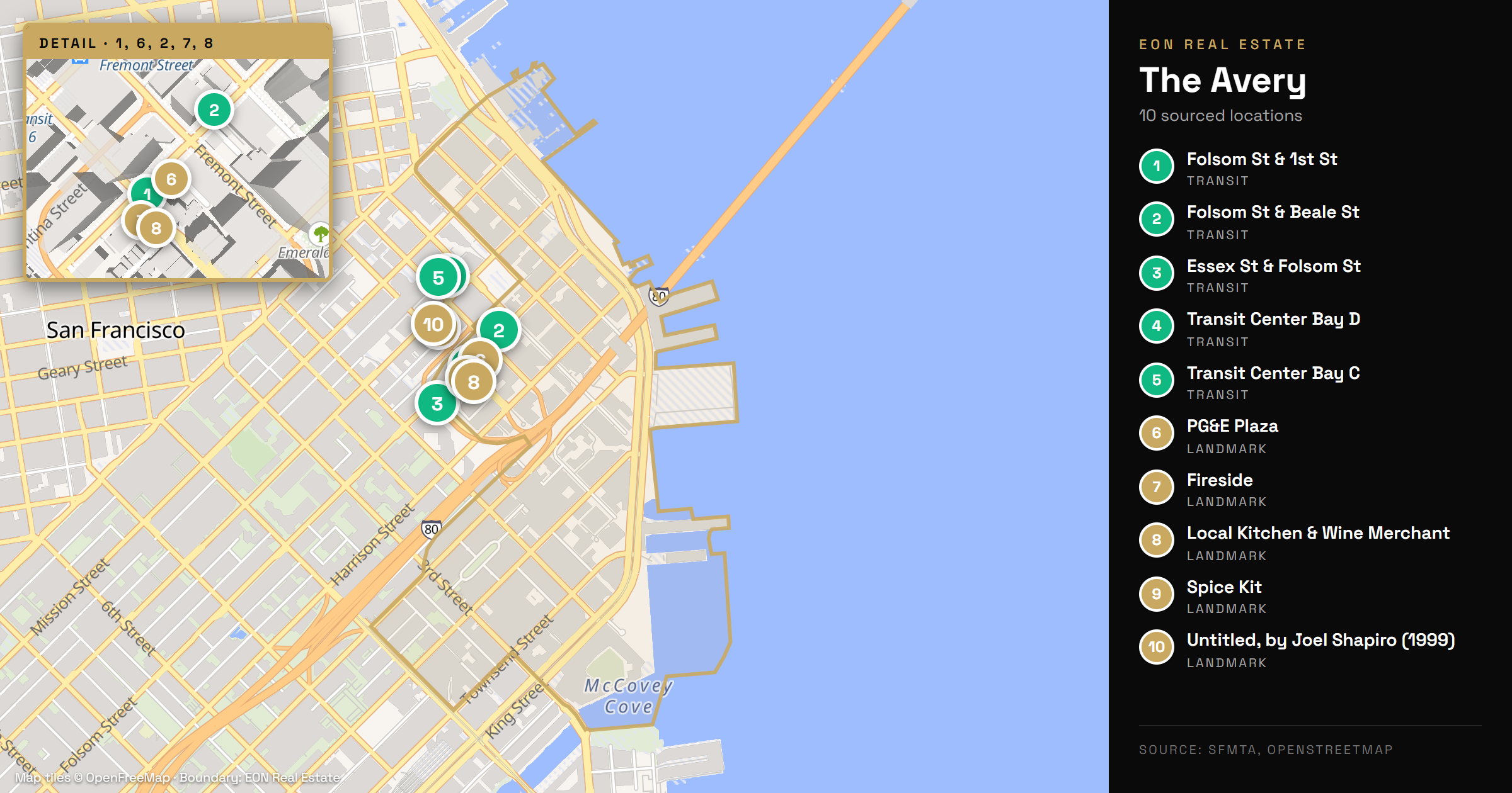 Map of The Avery at 488 Folsom Street with nearby Muni stops and South Beach landmarks
