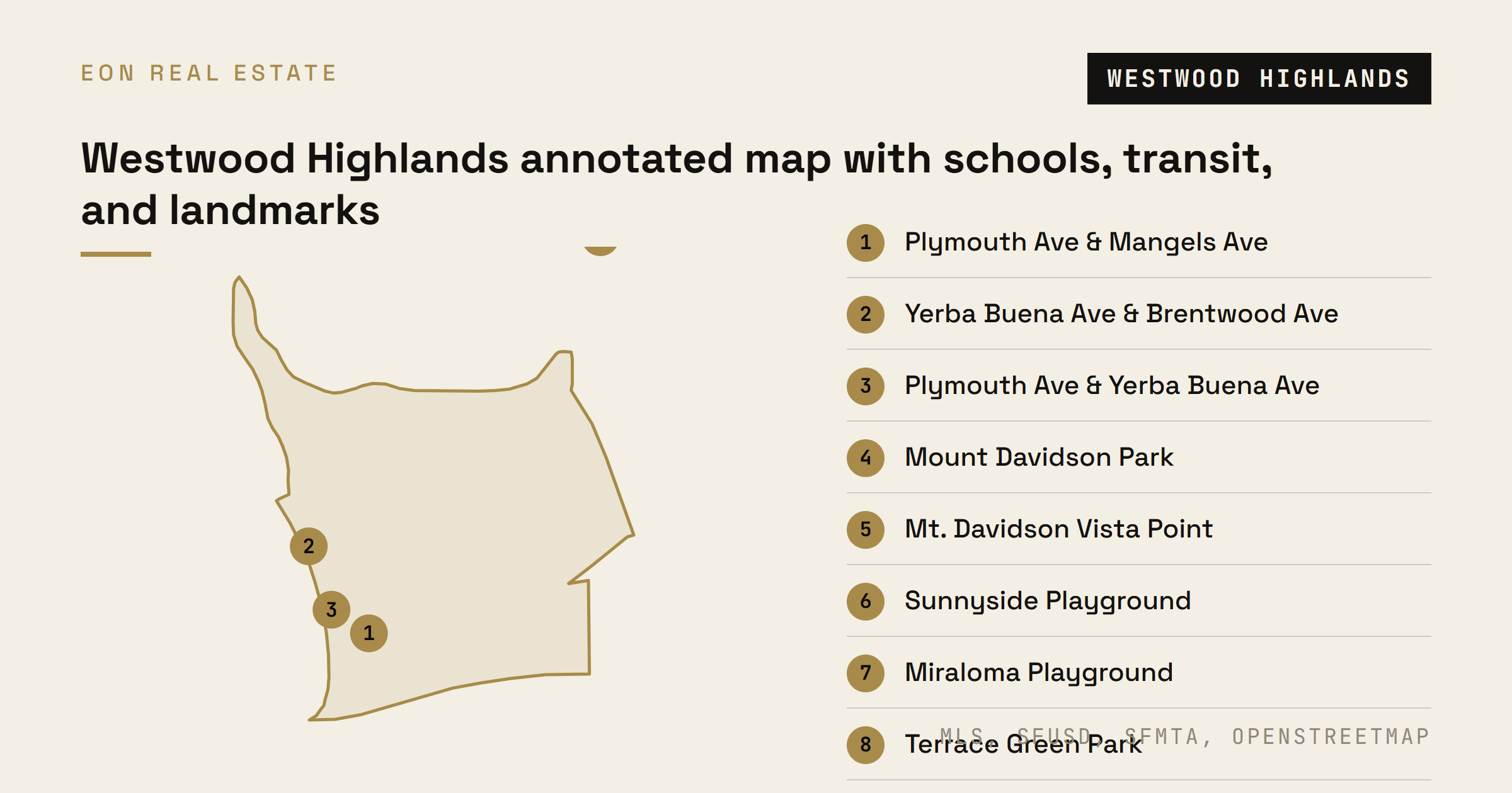 Annotated map of Westwood Highlands showing nearby transit stops, parks, and Mount Davidson